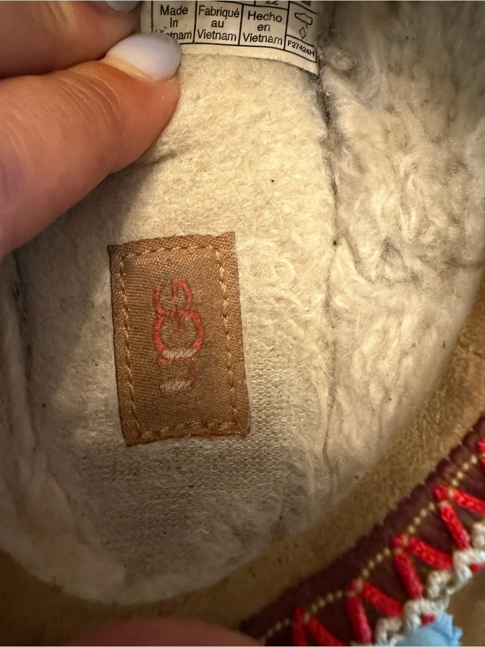 UGG Chestnut Suede Slip-On Shearling Slippers with Red Trim
